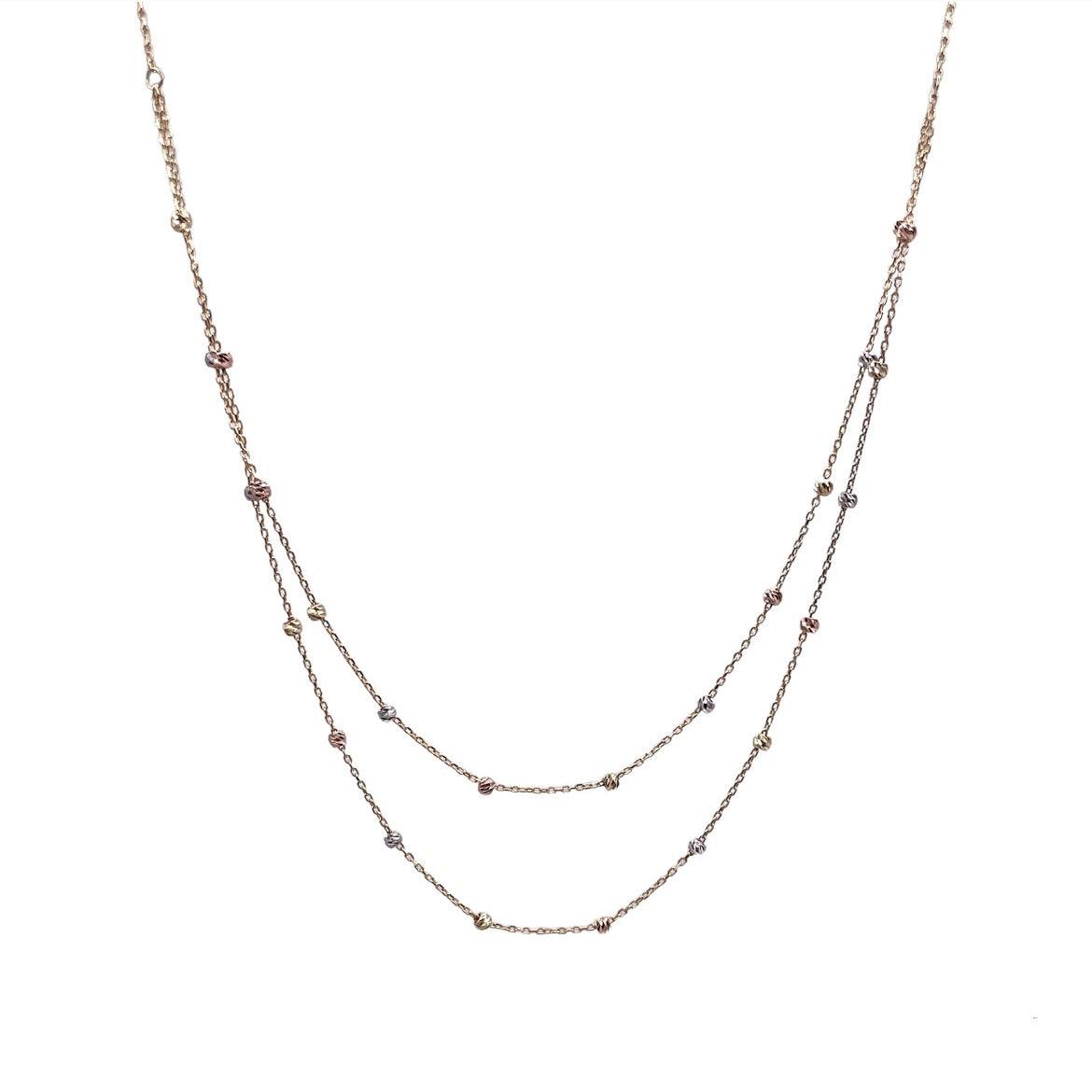 Double chain necklace with tricolor gold spheres